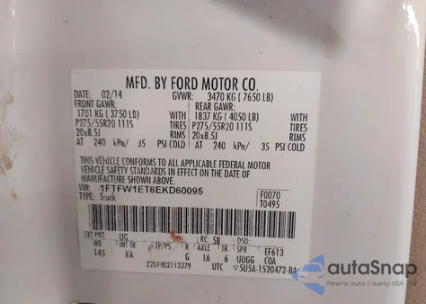 2014 Ford F-150 King Ranch из США, поврежденный, VIN 1FTFW1ET8EKD60095